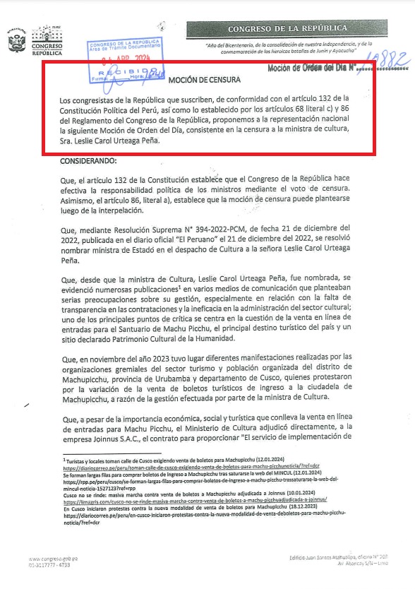 Presentan moción de censura contra la ministra de Cultura