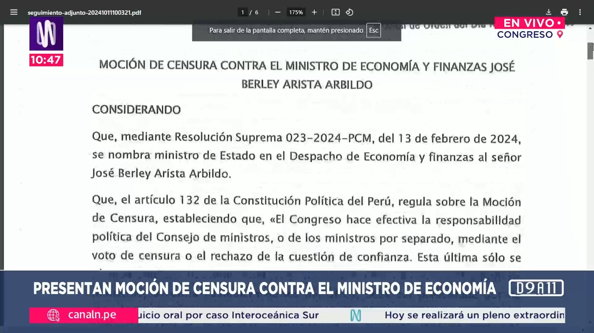 Presentan moción de censura contra el ministro de Economía