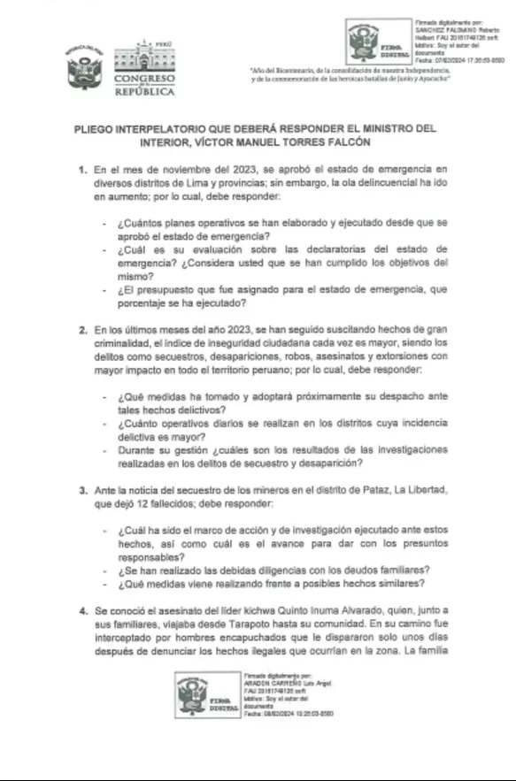 Pliego interpelatorio presentado contra el ministro del Interior, Víctor Torres Falcón