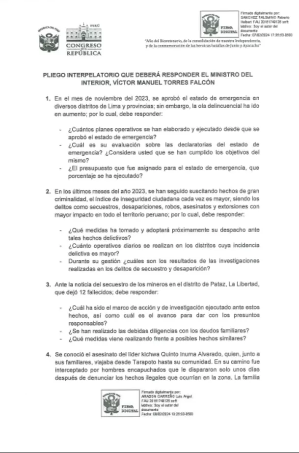 Pliego interpelatorio presentado contra el ministro del Interior, Víctor Torres Falcón Pliego interpelatorio presentado contra el ministro del Interior, Víctor Torres Falcón