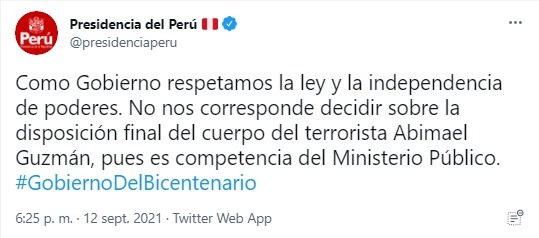 Presidencia de la República: No nos corresponde decidir sobre la disposición final del cuerpo de Abimael Guzmán