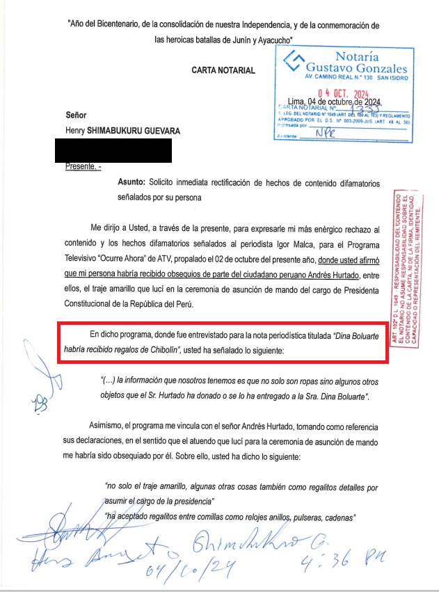 Presidenta Dina Boluarte envió carta notarial a Henry Shimabukuro