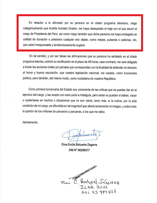 Presidenta Dina Boluarte envió carta notarial a Henry Shimabukuro