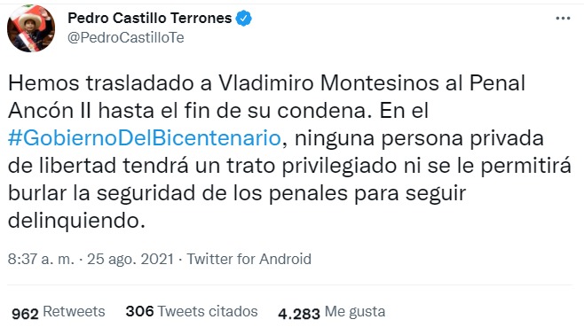 Vladimiro Montesinos fue trasladado al penal Ancón II "hasta el fin de su condena"