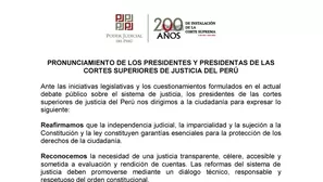 Los presidentes de las cortes superiores emitieron un comunicado a favor de la independencia de los jueces. Expresaron su preocupación por propuestas que condicionen su función y respaldaron las medidas de la titular del Poder Judicial, Janet Tello. Imagen: Poder Judicial. Video: Canal N