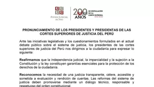 Los presidentes de las cortes superiores emitieron un comunicado a favor de la independencia de los jueces. Expresaron su preocupación por propuestas que condicionen su función y respaldaron las medidas de la titular del Poder Judicial, Janet Tello. Imagen: Poder Judicial. Video: Canal N