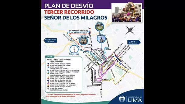 Desvíos vehiculares tercer día procesión del Señor de los Milagros