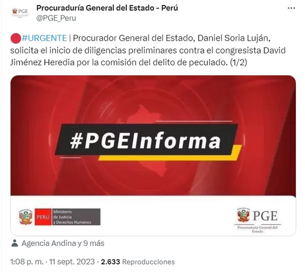 Foto: Captura @PGE_Peru