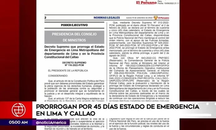 Prorrogan por 45 días estado de emergencia en Lima y Callao