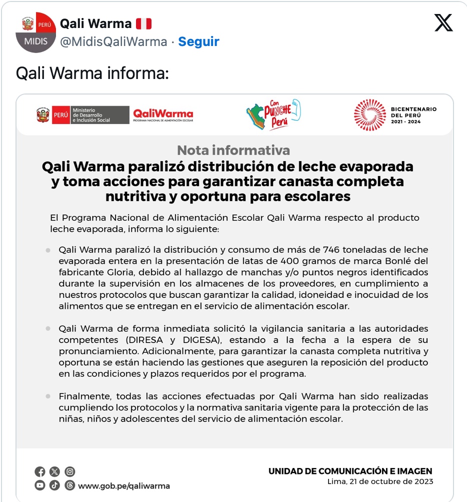 Qali Warma paralizó distribución de más de 700 toneladas de leche evaporada