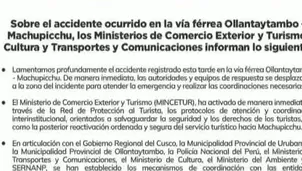 Ministerios activaron protocolos de atención e iniciaron investigación a operadoras ferroviarias. Mincetur, MTC, Minsa y Cultura ejecutan medidas. Video: Canal 