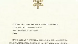 El saludo del papa León XIV fue leído por la presidenta Dina Boluarte durante su mensaje a la Nación por el 204 aniversario de la Independencia Nacional. Video: Canal N