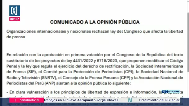 Organizaciones rechazan ley del Congreso que afecta la libertad de prensa. Foto: Canal N Organizaciones rechazan ley del Congreso que afecta la libertad de prensa. Foto: Canal N