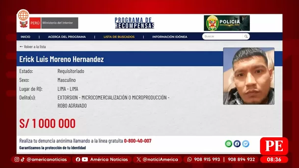 Recompensa por alias El monstruo sube a un millón en Programa de Recompensas del Mininter. Foto: América Noticias