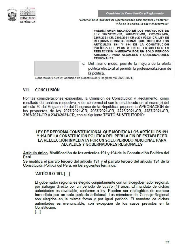 Comisión de Constitución aprobó dictamen que restituye reelección de alcaldes y gobernadores