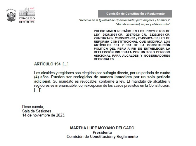 Comisión de Constitución aprobó dictamen que restituye reelección de alcaldes y gobernadores