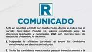 Renovación Popular anuncia suspensión de afiliación de candidatos señalados en informe de Cuarto Poder