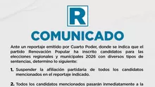 Renovación Popular se pronunció tras un informe de Cuarto Poder que reportó la inscripción de más de un centenar de candidatos de la agrupación para las elecciones regionales y municipales de 2026 que tendrían sentencias penales./ Video: Canal N