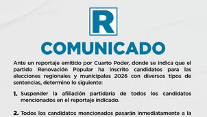 Renovación Popular se pronunció tras un informe de Cuarto Poder que reportó la inscripción de más de un centenar de candidatos de la agrupación para las elecciones regionales y municipales de 2026 que tendrían sentencias penales./ Video: Canal N