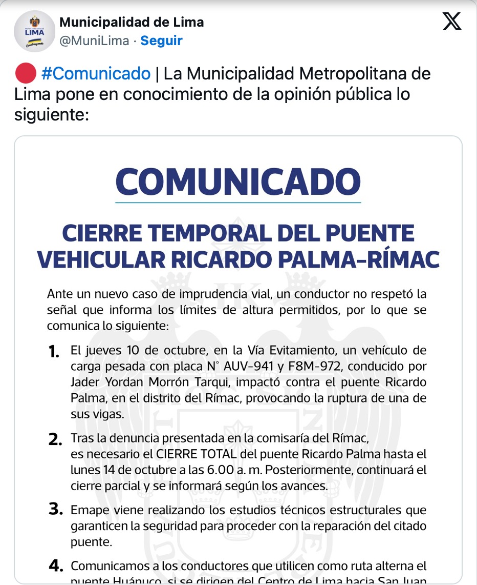 Rímac: Cierran puente Ricardo Palma hasta el 14 de octubre