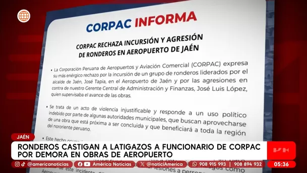 Ronderos castigan a latigazos a funcionario de Corpac en aeropuerto de Jaén. Foto: América Noticias Ronderos castigan a latigazos a funcionario de Corpac en aeropuerto de Jaén. Foto: América Noticias