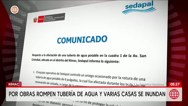 Rotura de tubería inunda varias viviendas en el Rímac. Foto: América Noticias Rotura de tubería inunda varias viviendas en el Rímac. Foto: América Noticias