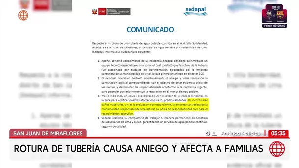 Rotura de tubería durante obras provoca gran aniego en San Juan de Miraflores. Foto: América Noticias Rotura de tubería durante obras provoca gran aniego en San Juan de Miraflores. Foto: América Noticias