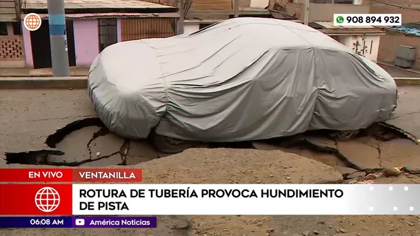 Rotura de tubería provoca hundimiento de pista en Ventanilla. Foto: América Noticias