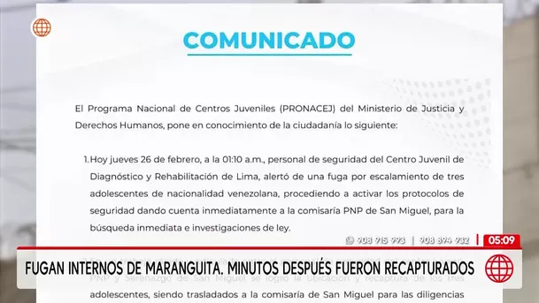 Tres internos fugan de Maranguita y son recapturados en San Miguel. Foto: América Noticias