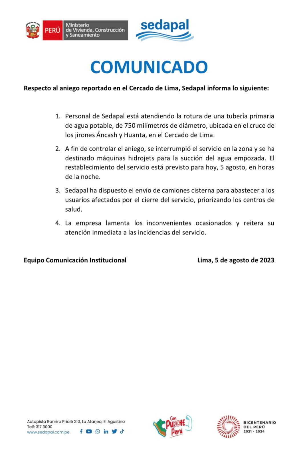 Sedapal informa restablecimiento de agua en horas de la noche tras aniego en el Cercado de Lima