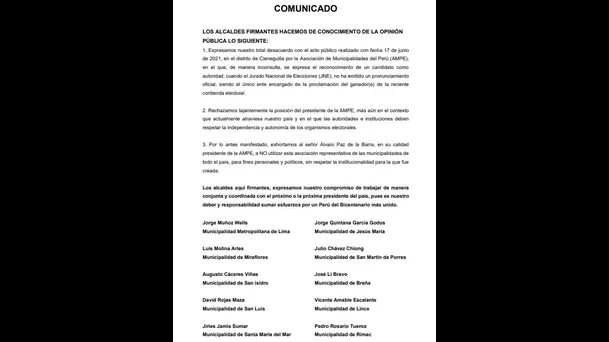 Carta remitida por más de 15 alcaldes sobre declaraciones de Paz de la Barra.