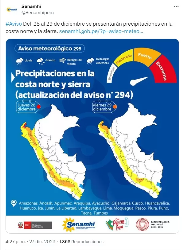 Del 28 al 29 de diciembre se presentarán precipitaciones en la costa norte y la sierra - Foto: Senamhi