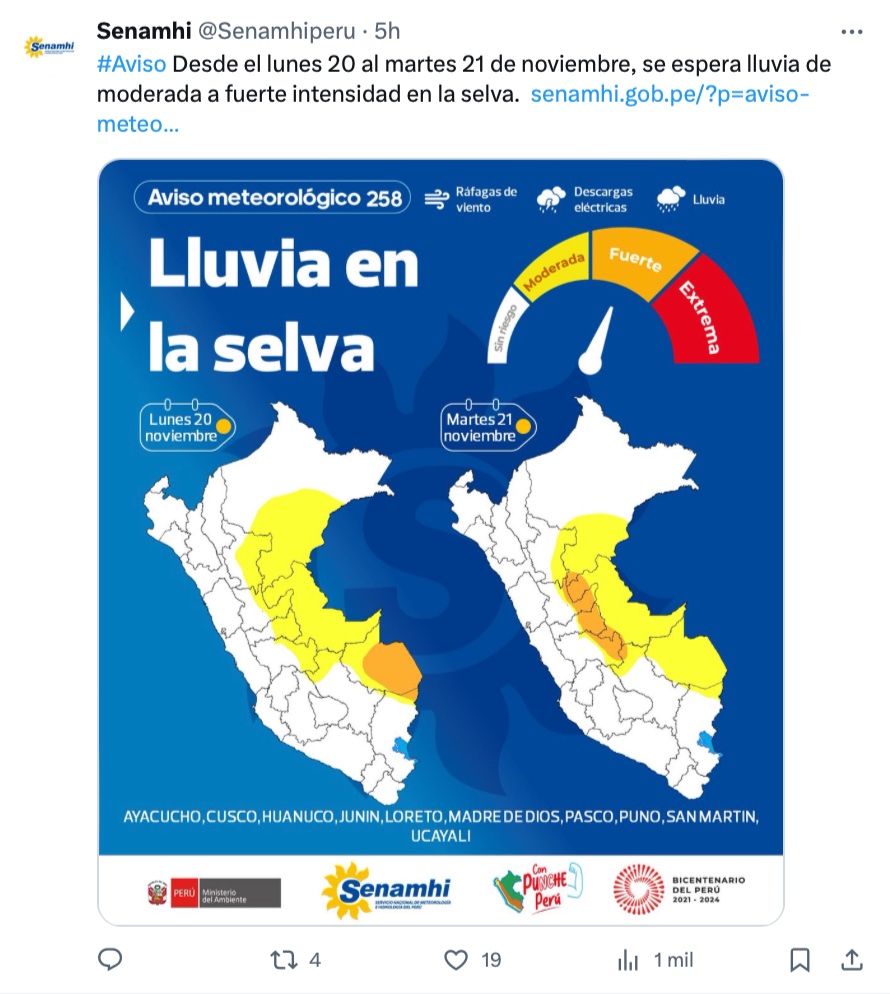 Senamhi: Lluvias moderadas a fuertes se pronostican en la selva para la próxima semana