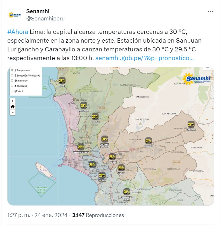 Senamhi informó sobre la temperatura registrada en distritos de Lima norte - Foto: @Senamhiperu