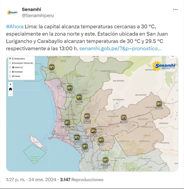 Senamhi informó sobre la temperatura registrada en distritos de Lima norte - Foto: @Senamhiperu Senamhi informó sobre la temperatura registrada en distritos de Lima norte - Foto: @Senamhiperu