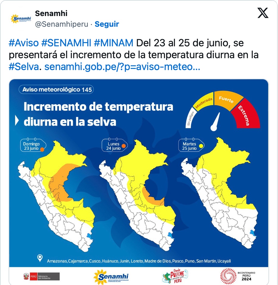 Senamhi: Selva soportará hasta 35°C desde el 23 al 25 de junio