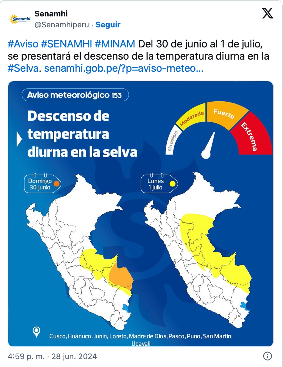 Senamhi: Sexto friaje en la selva generará descenso de temperatura hoy y mañana