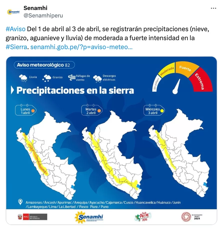 Senamhi prevé lluvias en la sierra. Foto: X