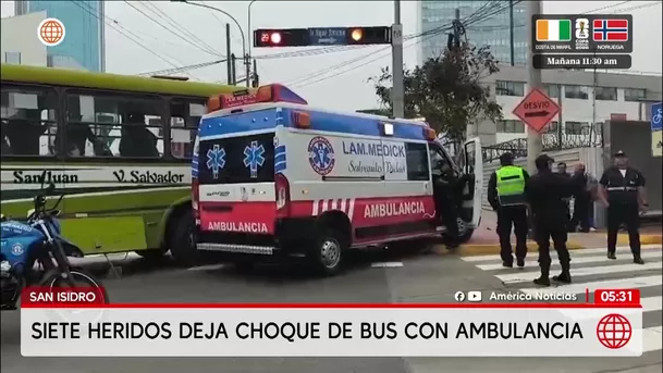 Siete heridos deja choque de bus con ambulancia en San Isidro. Foto: América Noticias