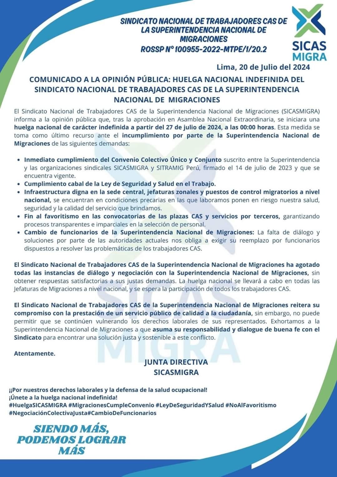 Migraciones: Sindicato de trabajadores CAS anuncia huelga indefinida desde el 27 de julio