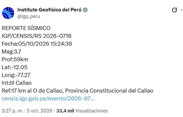 IGP reportó un sismo de magnitud 3.7 en el Callao a las 3:24 p. m. de este lunes. El temblor se localizó a 17 km al oeste del primer puerto y a 59 km de profundidad. Imagen: X/@igp_peru IGP reportó un sismo de magnitud 3.7 en el Callao a las 3:24 p. m. de este lunes. El temblor se localizó a 17 km al oeste del primer puerto y a 59 km de profundidad. Imagen: X/@igp_peru