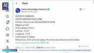 Sismo de magnitud 3.8 se registró en el Callao, informa IGP