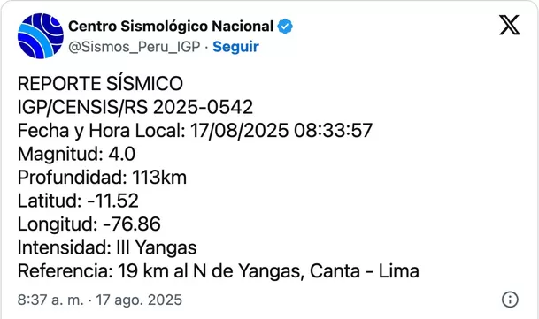Sismo de magnitud 4 se sintió esta mañana en Canta, Lima. Foto: Canal N