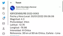 Sismo de magnitud 4.3 se registró en Cañete