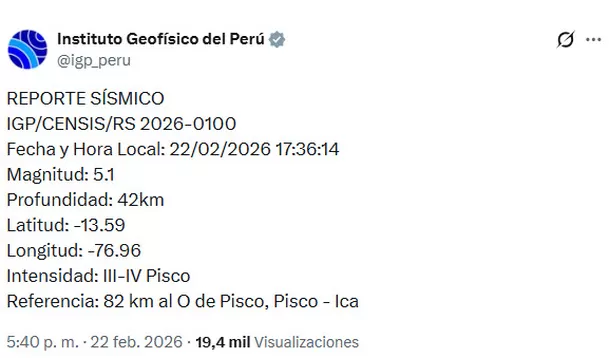 Sismo en Pisco, reporta el IGP