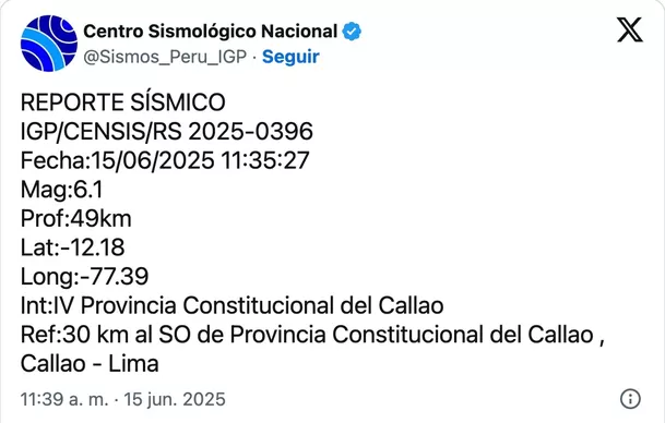 Fuerte sismo de magnitud 6.1 alarma a la población en Lima y Callao. Foto: IGP