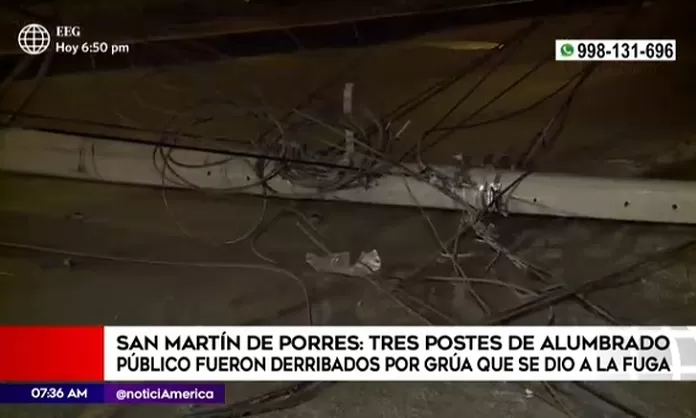 SMP: Tres postes de alumbrado público fueron derribados por grúa que se