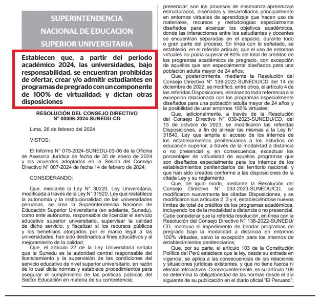 Sunedu prohíbe a universidades que clases de pregrado sean 100% virtuales desde este año