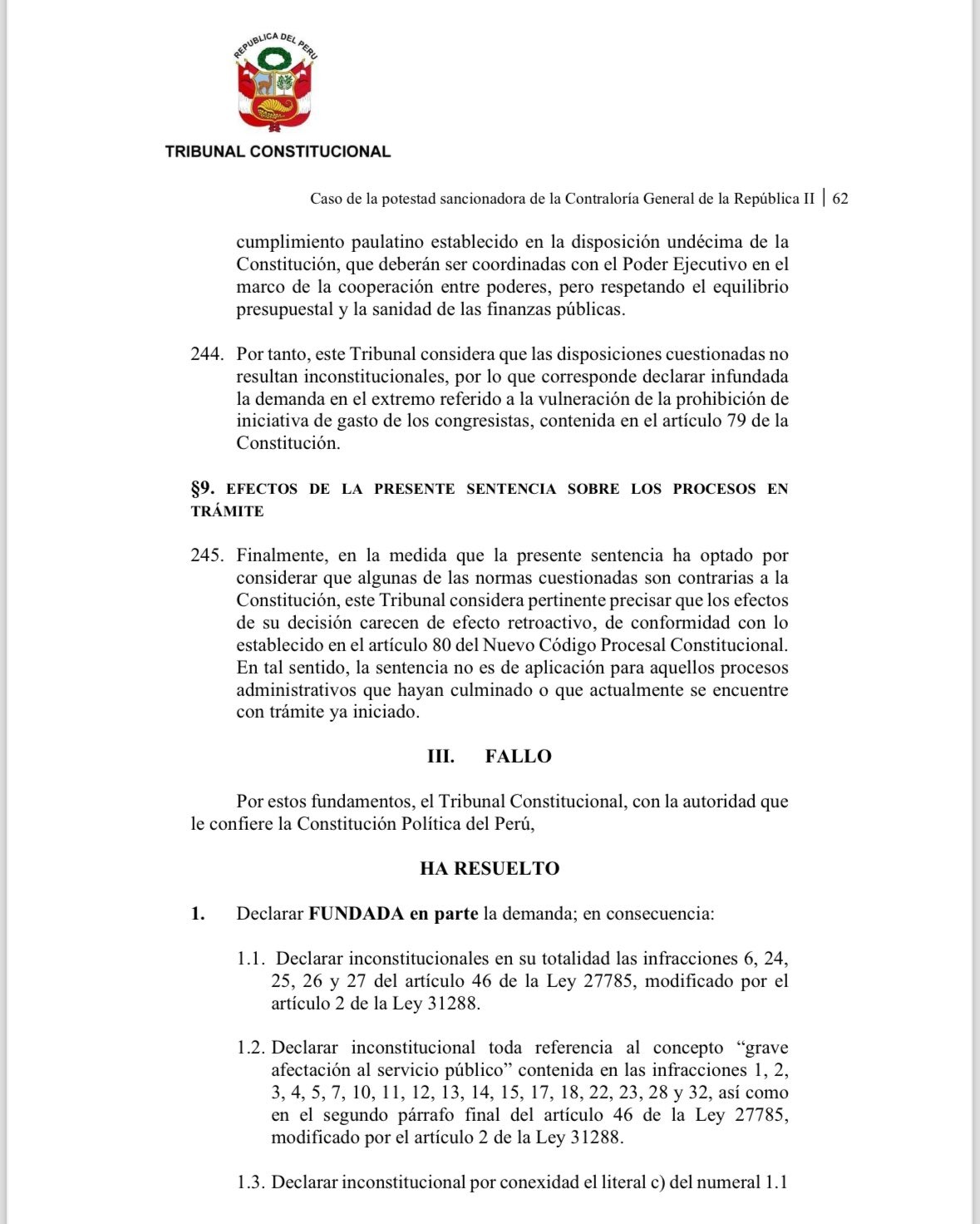 TC declaró inconstitucional en parte la ley sobre potestad sancionadora de la Contraloría