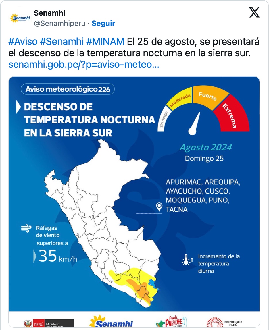 Temperatura nocturna en zonas de sierra sur bajará hoy a -13°C